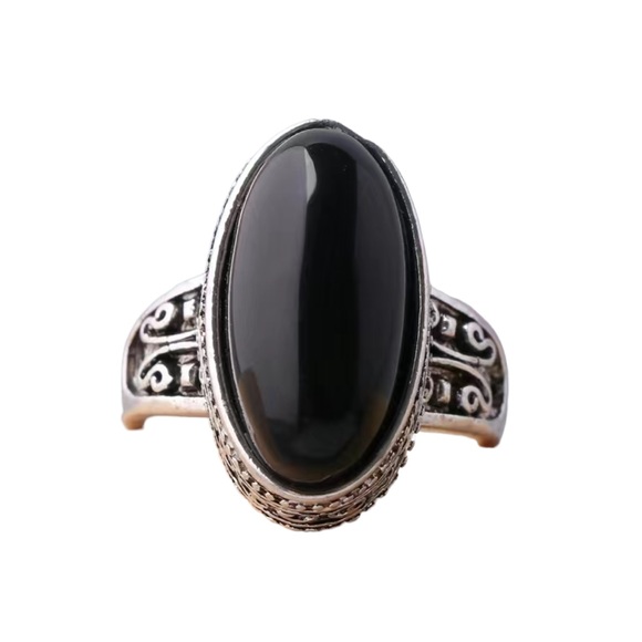 Vintage Antiqued Silver Long Oval Black Solitaire - Picture 2 of 5